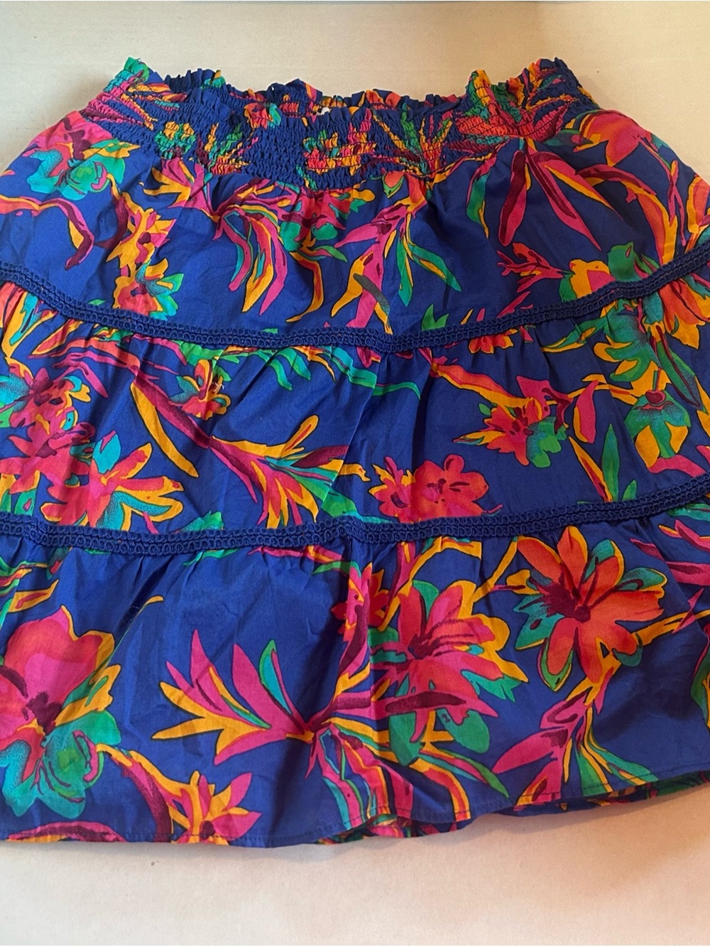 J. Crew Blue Floral Tiered Skirt with Multicolor Print